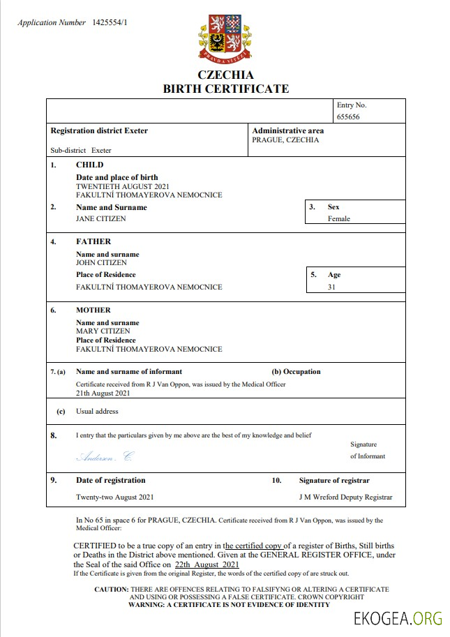 Acte d'état civil tchèque modèle Word et PDF